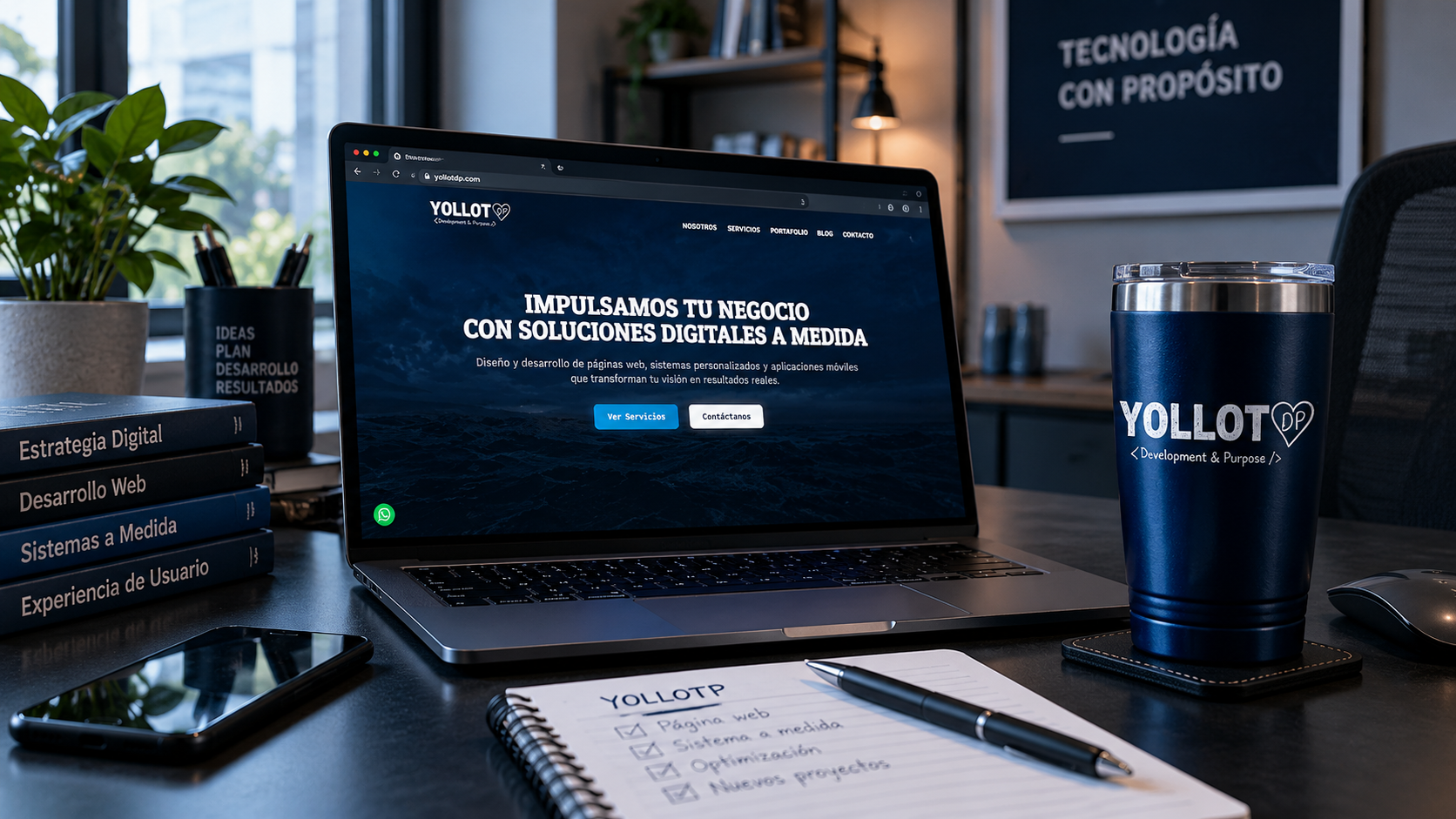 Equipo y espacio de trabajo de YollotDP con su sitio web y soluciones digitales a medida.